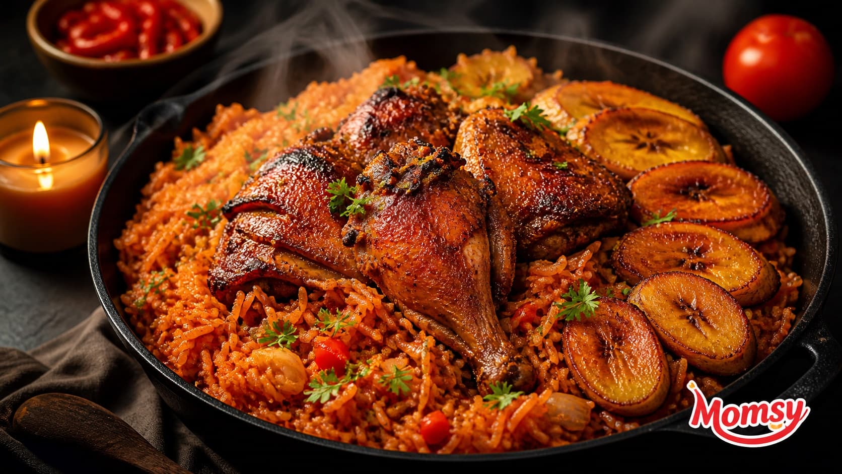 Steaming jollof rice with grilled chicken